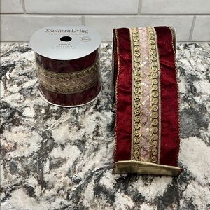 NEW 2 Rolls of Dillards Southern Living Burgundy Wired Ribbon With Gold Accents
